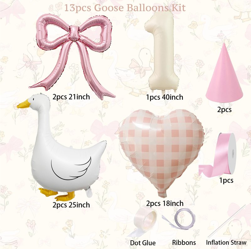One Silly Goose 1st Birthday Decorations Girl – 40 Inch Number 1 Balloon, Goose Balloons with Pink Bow & Hats, Cute Baby Girl First Birthday Party Supplies