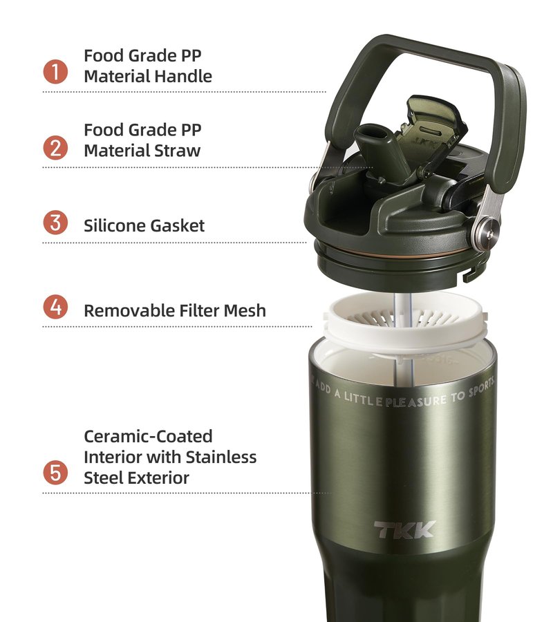 TKK 24 oz Ceramic Coated Tumbler with Straw Lid, 18/10 Stainless Steel Vacuum Tumblers, Leakproof Double Walled Car Cup with Handle & Tea Infuser& Dishwasher Safe, for Hot & Cold Drinks,Alpine Green