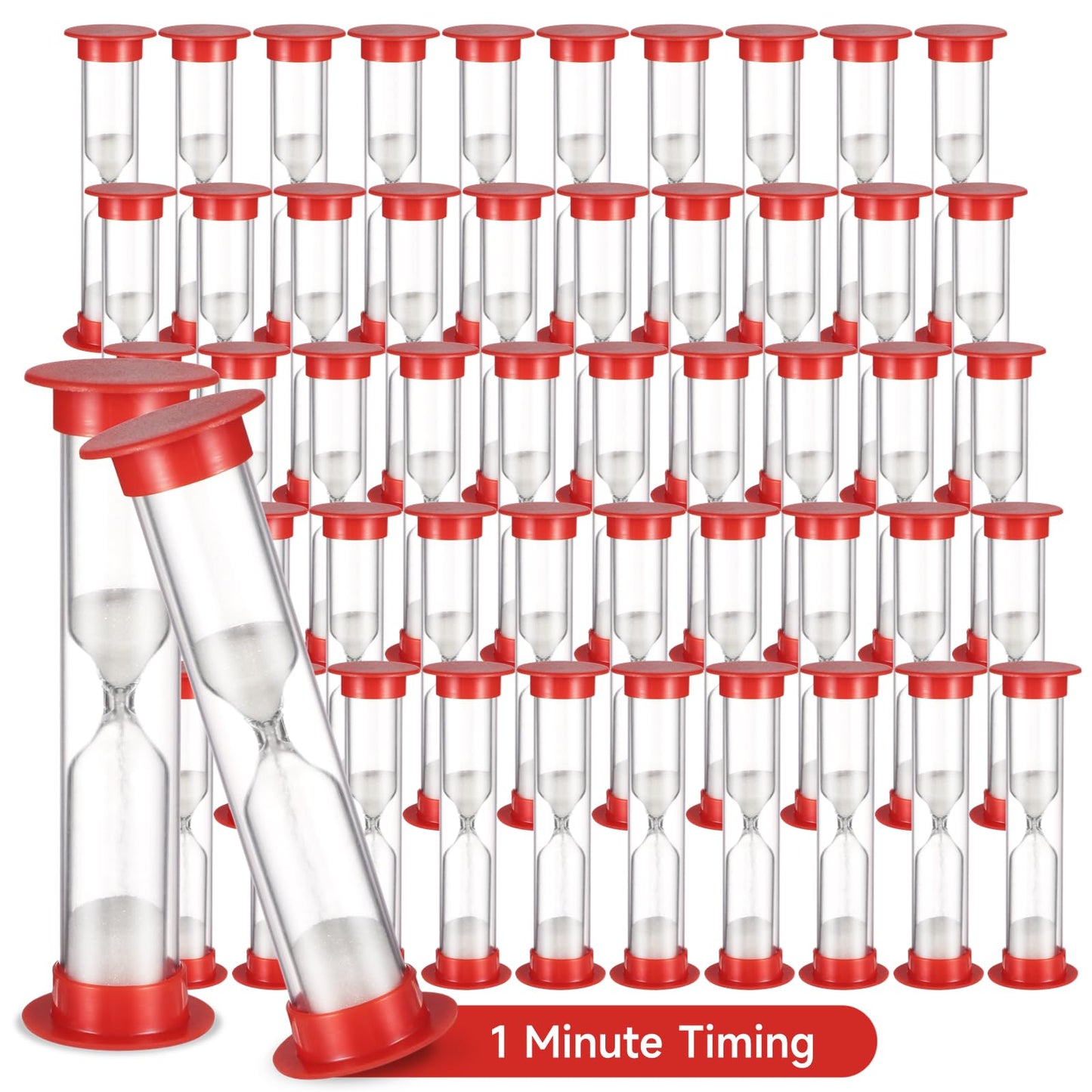 1 Minute Sand Timer, 50 Pcs Plastic Sand Timers, Small Hourglass Timers with White Sand for Games, Mini Sandglass Clock for Classroom, Home, Red