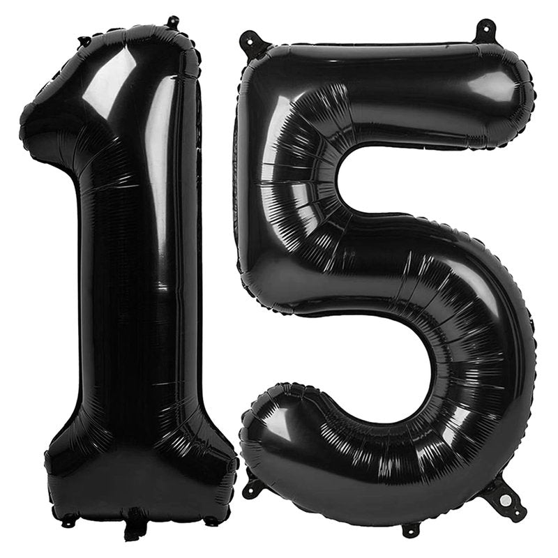 Black Number 15 Balloon 40 inch, 15 Number Balloons, 15th Black Birthday Decorations, 15 Year Old Girls Boys Party Supplies