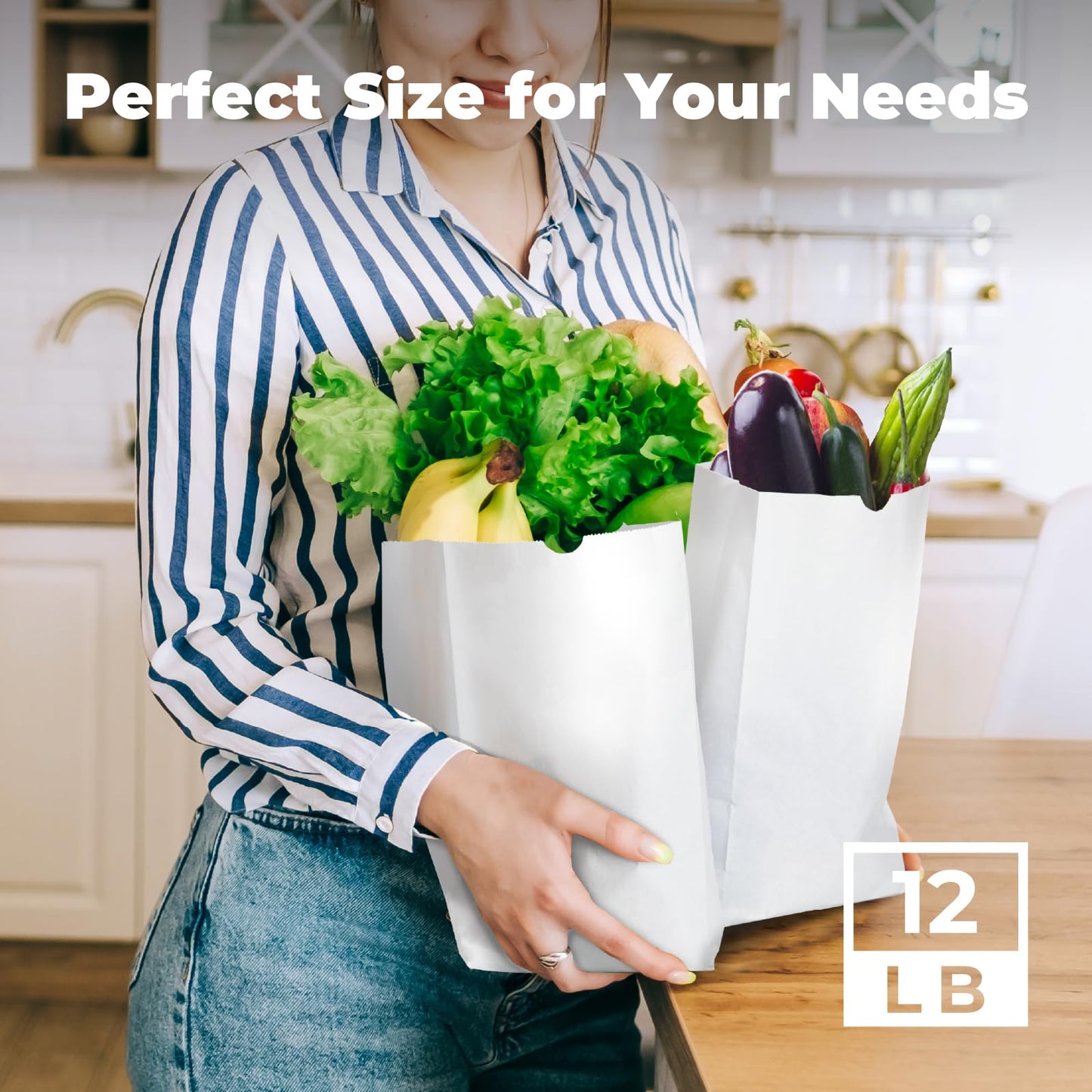 Fit Meal Prep 150 Pack 12 lb White Paper Lunch Bags, 13 x 7 x 4.5" Durable Paper Bags Bulk for Packing, Delivery, Take Out, Grocery, Retail Shopping, Premium Sack for Snacks, Bakery