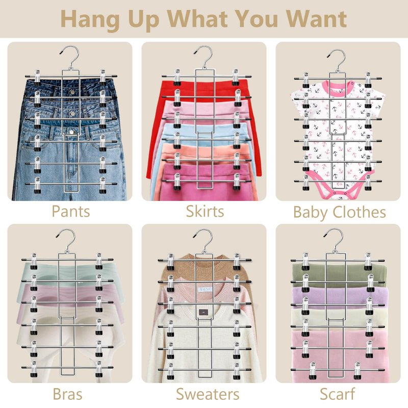 Pants Hangers with Clips,Space Saving Hanging Closet Organizer-6 Tiers Skirt Hangers with 360° Swivel Hook,Closet Organizer-Clothes Hangers- College Dorm Essentials Apartment Essentials-2 Pack