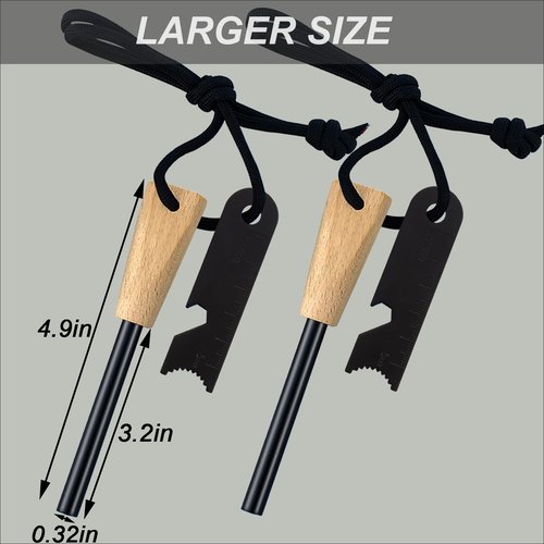 Fire Starter, Traditional Magnesium Ferro Rod, 20,000+ Strikes, Beech Handle, Survival Igniter with Neck Waxed Fire Tinder Paracord (28inch) & 6-in-1 Multi-Tool Striker-2 Packs