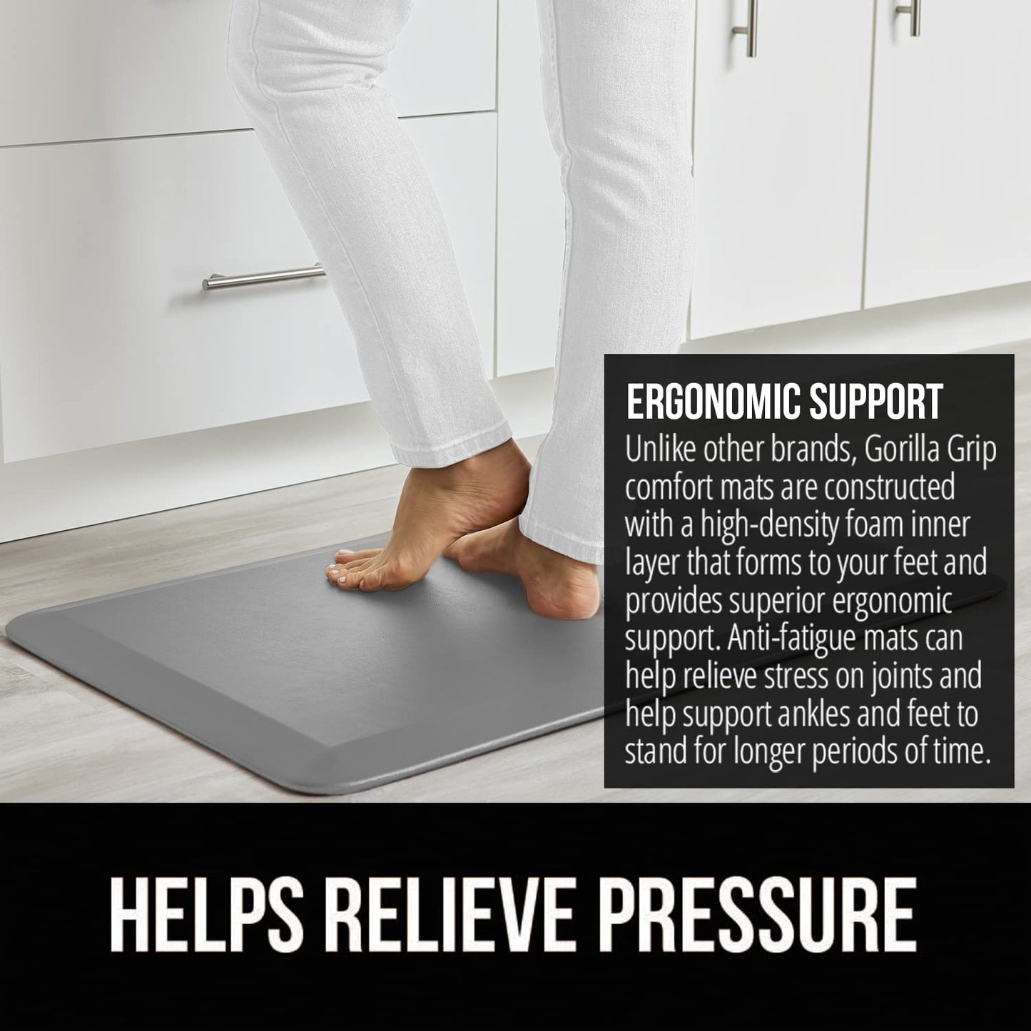 GORILLA GRIP Comfortable Cushioned Kitchen Mats for Floor, 58x20, Waterproof and Stain Resistant Soft Top, 3/4 Inch Thick Ergonomic Standing Desk Anti Fatigue Mat, Foam Supports Ankles and Feet, Grey