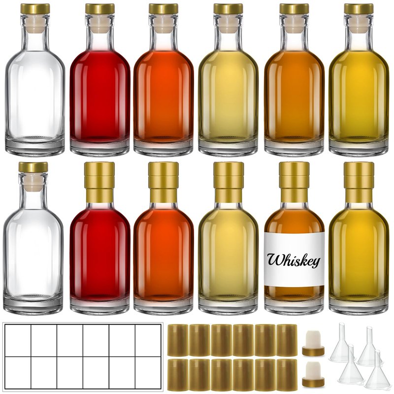 TBWIND 12 Pack 6 oz/200ml Clear Glass Bottles with T-Top Cork Stoppers, Small Refillable Bottles for Homemade Liquor, Vanilla Extract, Oil, Vinegar & Gift Favors