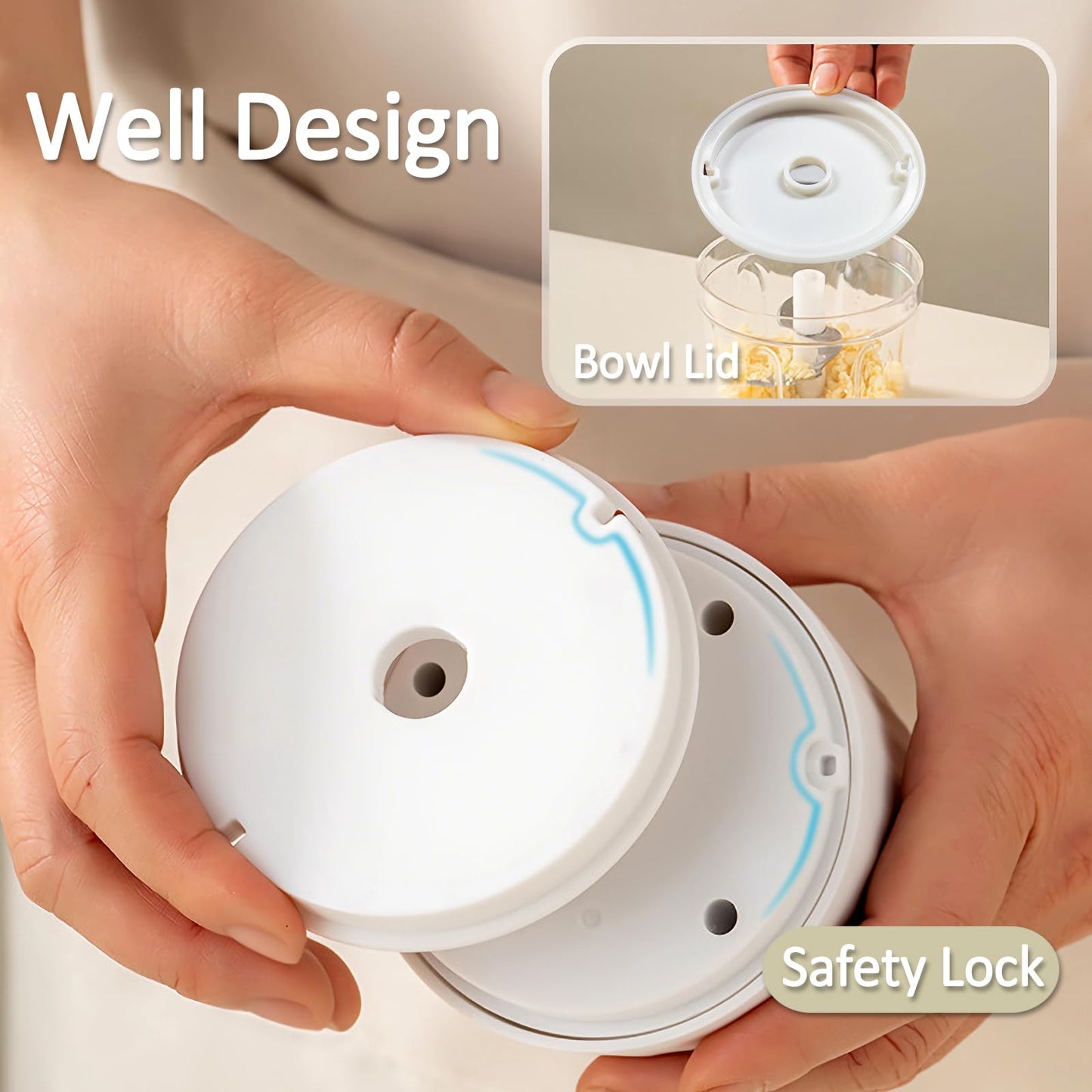 Mini Food Chopper Cordless, 400ml Small Food Processor 1.6Cup, Battery USB-C Rechargeable Electric Garlic Chopper Wireless, Portable Meat Grinder Mincer Veggie Blender Kitchen Mixer w/ 6 Blades, White