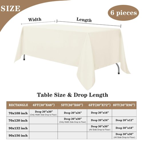 Fitable Ivory Rectangle Table Clothes, 6 Pack - 90 x 156 Inch - Reusable and Washable Tablecloths, Polyester Fabric Table Covers for Wedding, Party, Banquet, Formal Events