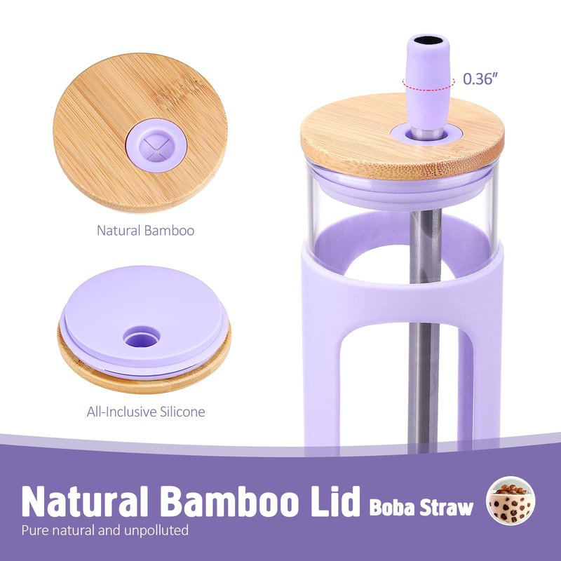 Kodrine 24oz Glass Tumbler with 2 Lids and Straws, Glass Cup With Bamboo Lid and On-the-go Lid, Reusable Iced Coffee Cup, Ideal for Smoothie, Cold Drinks, Fit Cup Holder, BPA Free (1, Purple)