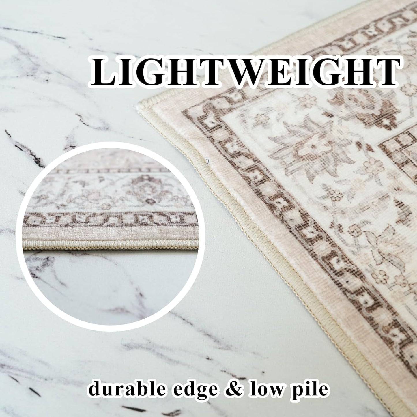 Skiennix 6ft Square Area Rug - Washable Oriental Design | Non-Slip, Water-Resistant, Beige 6x6 Carpet