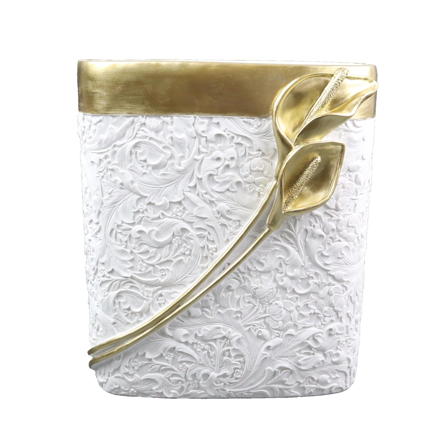 Hymmah Bathroom Trash Can 1.8 Gallon(7 Liter) Small Kitchen Garbage Can,Decor Wastebasket for Bedroom Office,Resin Hand-Carved Colla Lotus White&Gold