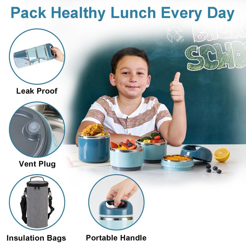 Lille Home 3-Layer Stainless Steel Lunch Box 1.43L- Leakproof, BPA-Free Insulated Bento Box for On-the-Go Meal Prep, Stackable Food Container for Women & Men