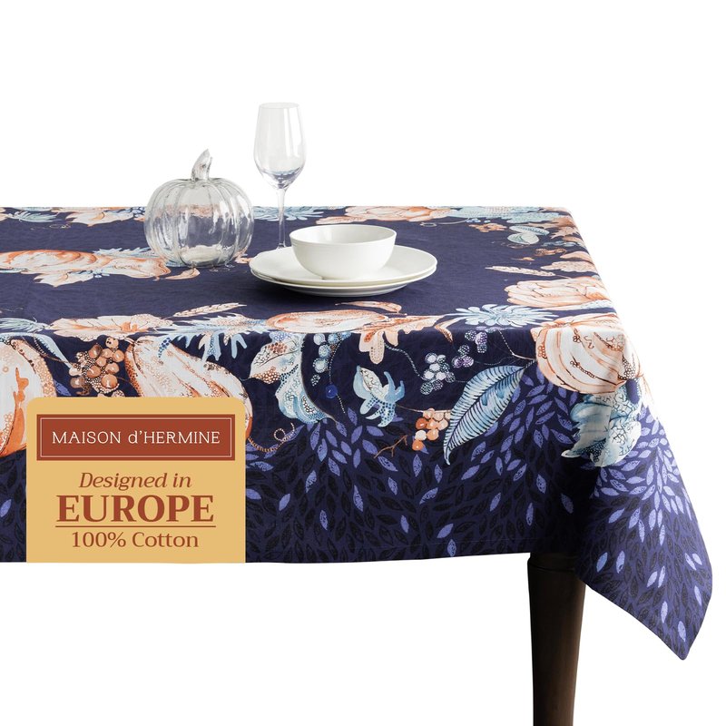 Maison d' Hermine Table Cloth Rectangle Table 100% Cotton 70 x 120 Inches Fall Tablecloth Reusable Everyday Use for Thanksgiving Christmas Decorations Dining Farmhouse Party (Pumpkin Blues)