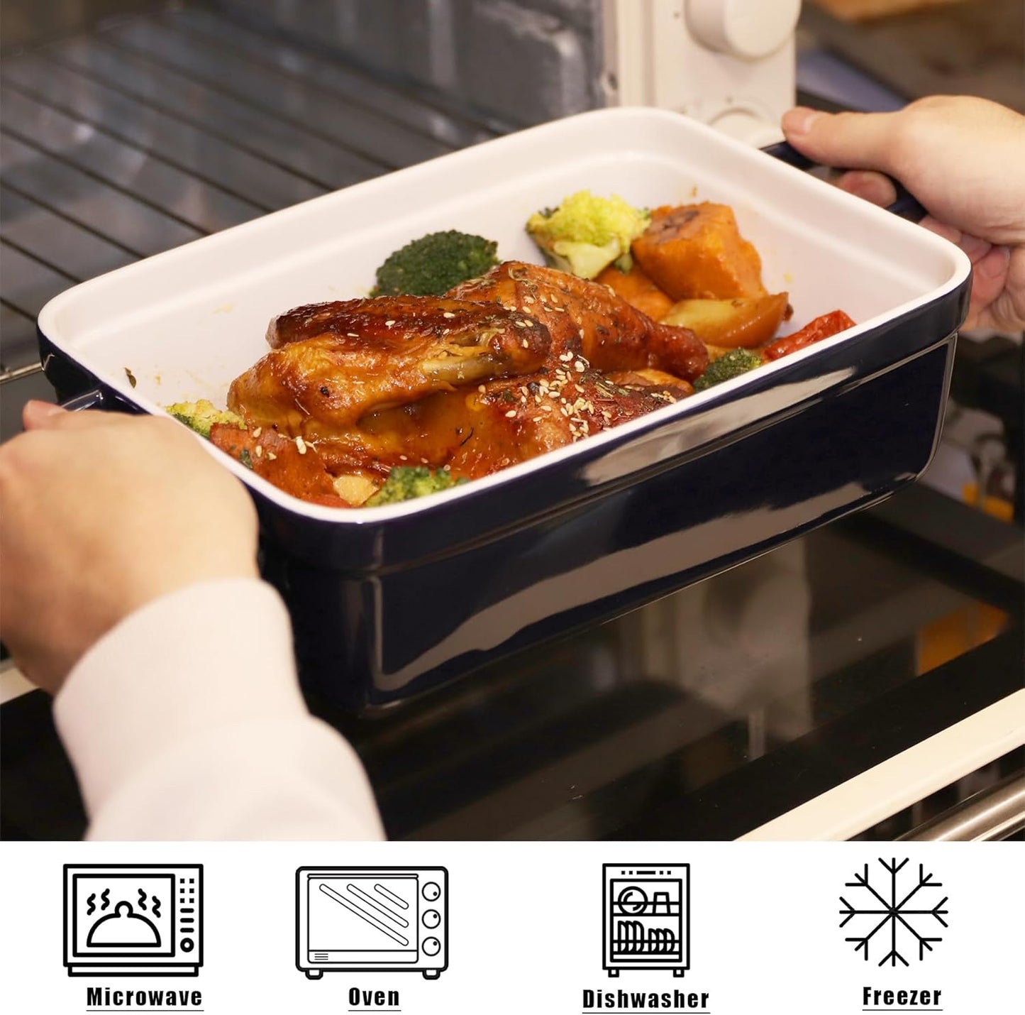 Skiennix Baking Pan - Deep Ceramic Lasagna Dish with Lid for Oven | Navy Blue, 3.1 Quarts