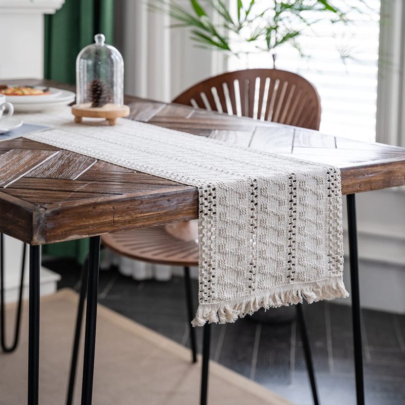 Alynsehom Macrame Table Runner Cream Beige Boho Table Runners with Tassels Hand Woven Cotton Table Runner Rustic Farmhouse Table Runners for Bohemian Kitchen Dining Table(12x71in)