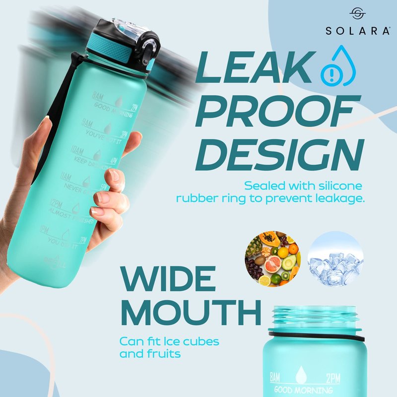 SOLARA Unbreakable 1 Litre Water Bottle with Motivational Time Marker,Sipper Bottle for Adults, Water bottle for Gym Office| Mobile app with Drinking water reminder | Cool Aqua Green