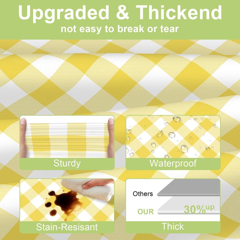 QIKSION Yellow Gingham Tablecloth Disposable 6 Pack, 54 x 108 Inch Yellow and White Checkered Table Cloth for Easter Decorations, Birthday Party Supplies, Rectangle, Plastic Table Cover