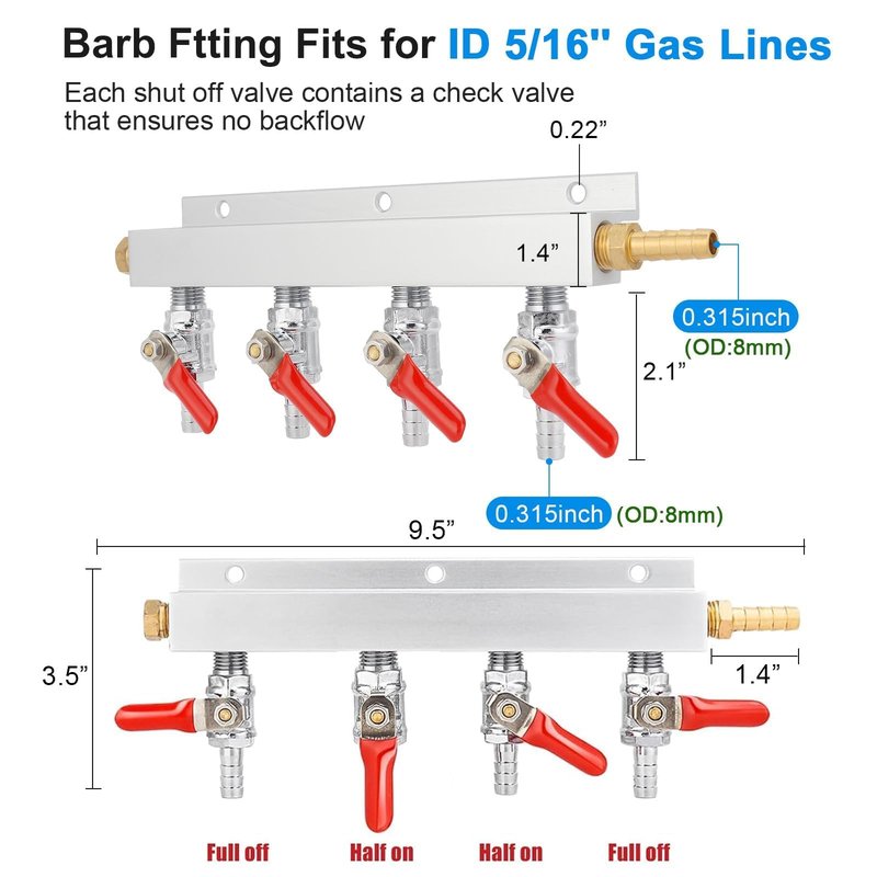 WELLBOM CO2 Manifold, 4-Way CO2 Gas Distributor O.D 5/16'' Barb Fitting Beer Keg Gas Manifold Kegerator CO2 Splitter with Integrated Check Valves & 5PCS Hose Clamps