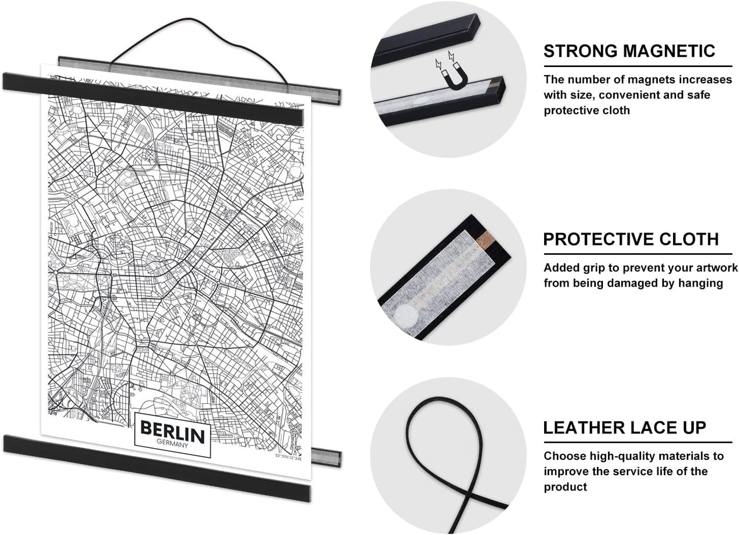 Benjia Magnetic Light Wood Poster Frame Set - 4 Pack for 8x10, 8x12, 8x18 Art Prints | Black
