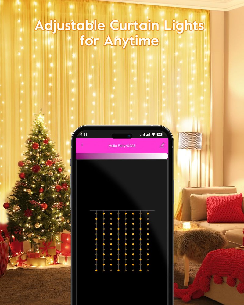 Smart Curtain Lights, USB Plug in, 9.8ft 300 LED Window Smart String Light with APP and Remote, 8 Modes, Waterproof Fairy Lights for Bedroom, Indoor, Weddings, Party, Christmas Ramadan Decorations