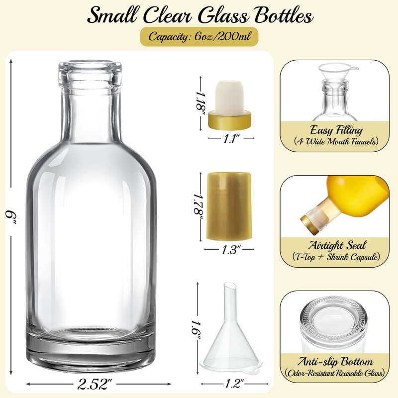 TBWIND 12 Pack 6 oz/200ml Clear Glass Bottles with T-Top Cork Stoppers, Small Refillable Bottles for Homemade Liquor, Vanilla Extract, Oil, Vinegar & Gift Favors