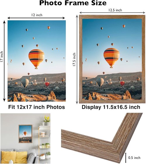 JCJMY 12x17 Picture Frame - Rustic Brown Wall Hanging Frame with Shatter-Resistant Plexiglass