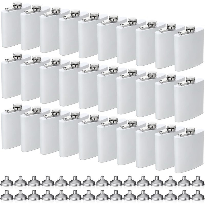 Hoolerry 30 Pieces Hip Flasks Set Stainless Steel Liquor Flask with Funnel Metal Leak Proof Flask Pocket Whiskey Flasks for Men Women Bridesmaid Wedding Party Supplies (6 oz,White)