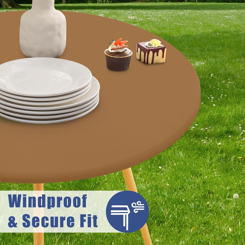 Moosfor Round Spandex Tablecloth, Elastic Fitted Waterproof Tablecloths for 31"-35" Tables, Stretch Washable Picnic Table Cover for Camping, Dining, Indoor and Outdoor,Brown