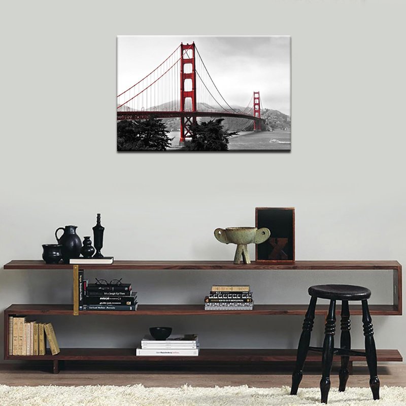 LevvArts Golden Gate Bridge Canvas Wall Art San Francisco Bridge Picture Painting Modern Black and White Red Home Wall Decoration -24"x 36"