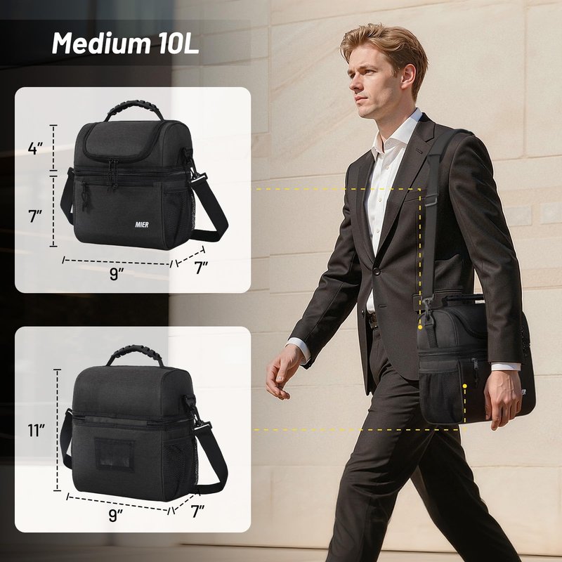 MIER 2 Compartment Lunch Bag for Men Women, Leakproof Insulated Cooler Bag for Work, Dark Grey, Medium