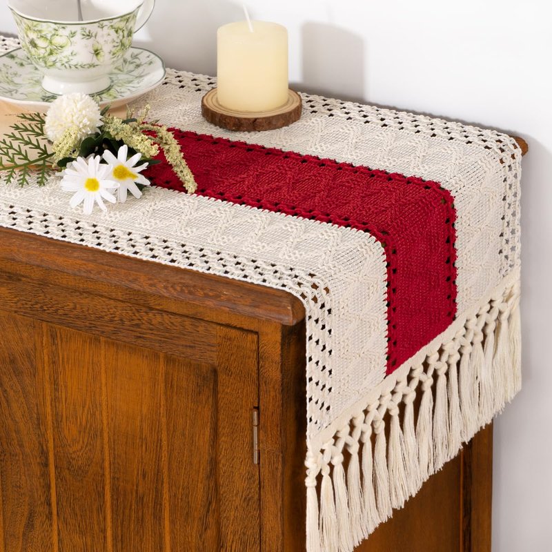 Socomi Boho Table Runner Easter Spring Farmhouse Rustic Dining Kitchen Centerpiece Decor Small Macrame Woven Cotton Linen Coffee Table Runner for Dresser Scarf Home Decor 12x48 in Red Ivory