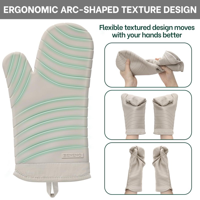 Beneno BPA-Free Silicone Oven Mitt 2-Pack Set, Heat Resistant 500°F Oven Mitts with Non-Slip Grip, Soft Thicker Lining, 7"x13", Beige