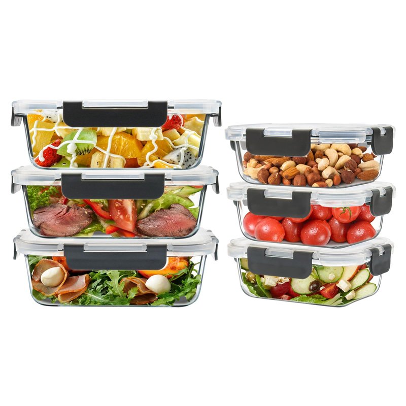 SOACOAKO 6 Pack Glass Food Storage Containers with Airtight Lids, Meal Prep Containers for Lunch, Leftovers, BPA Free (Grey)