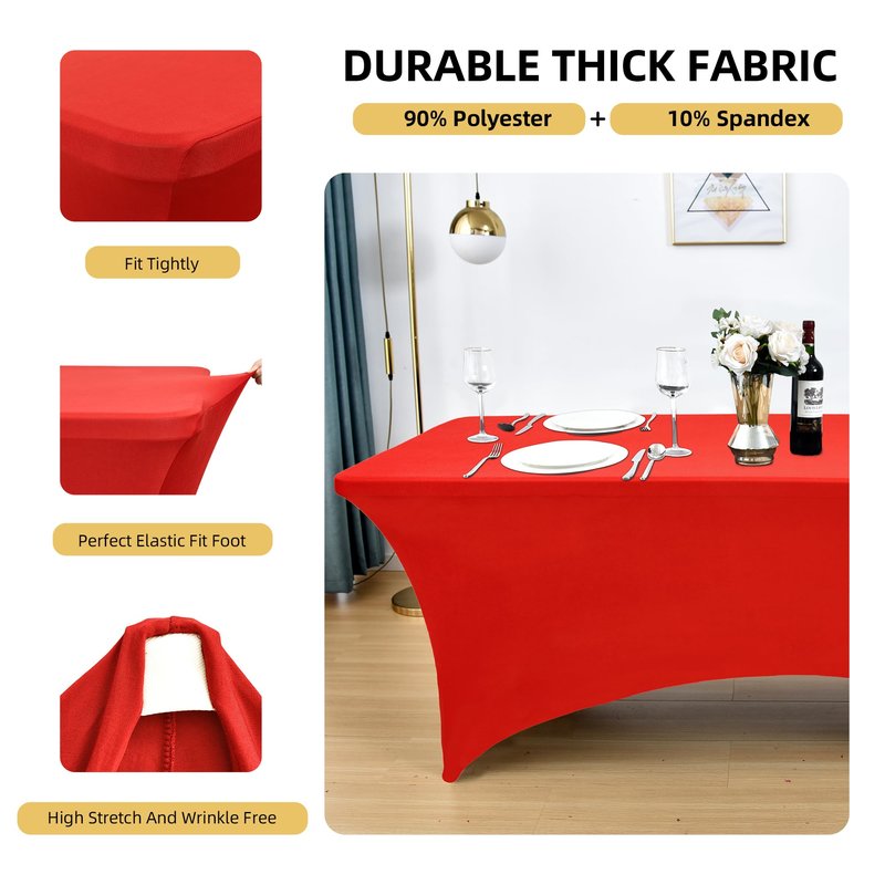 ZarzaaSik 10-Pack 8ft Red Spandex Table Covers for Rectangle Folding Tables - Washable Elastic Tablecloth - Ultimate Fitted Table Protector for Parties, Trade Shows, Banquet, and Wedding