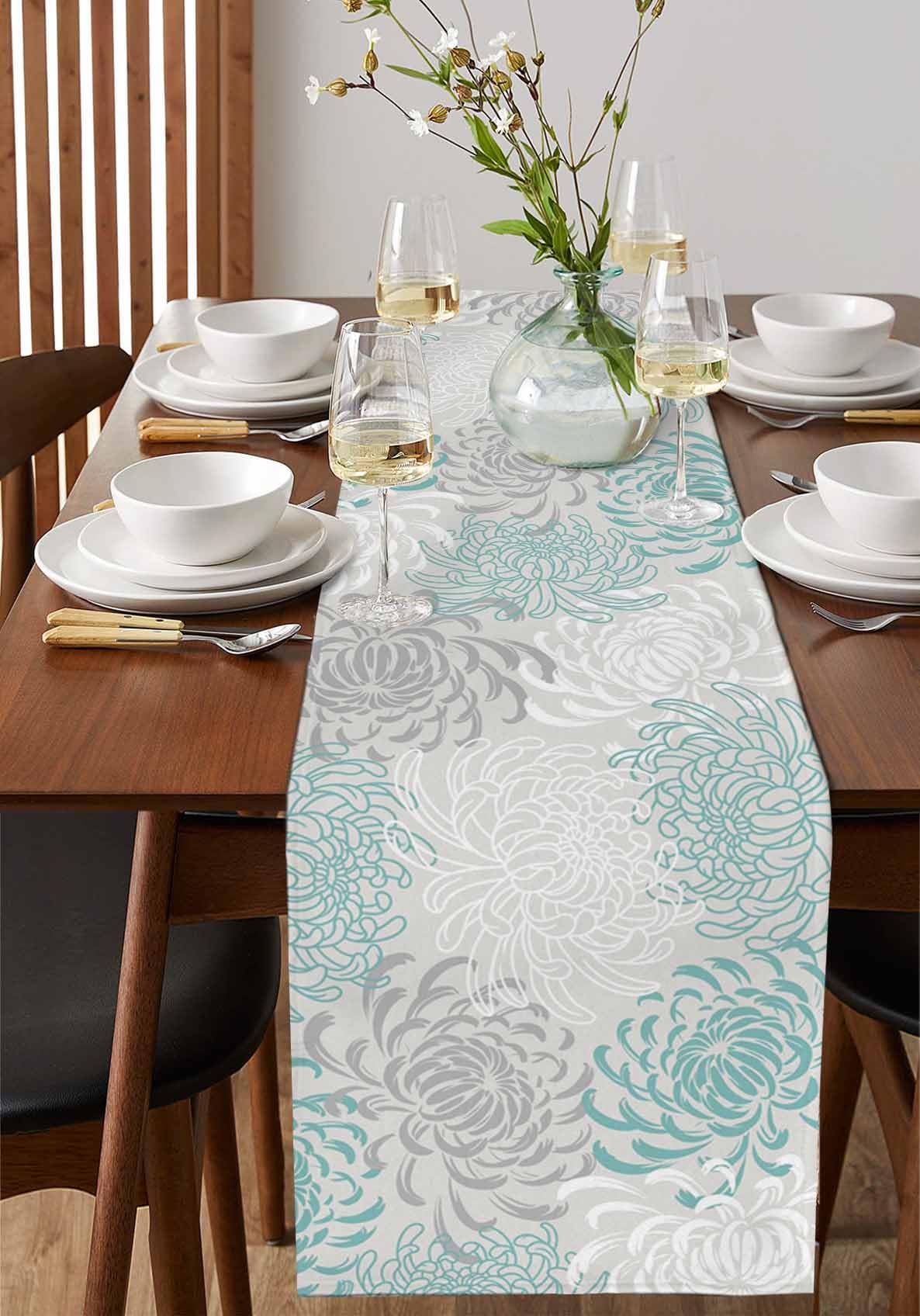 PIEPLE Aqua Chrysanthemum Flowers Table Runner-Cotton Linen-Long 13x108inches Dresser Scarves,Floral Grey Tablerunner for Kitchen Coffee/Dining/End Table Bedroom Living Room,Scarf Decor for Holiday