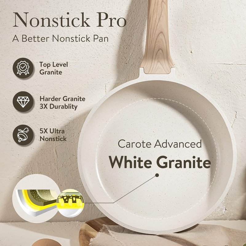 CAROTE Non Stick Frying Pan Skillet, Omelet Pan, Healthy Non Toxic Granite Chef Pan, Induction Compatible Egg Frying Pan with Heat-Resistant Handle, PFOA-Free, Cream White, 12"