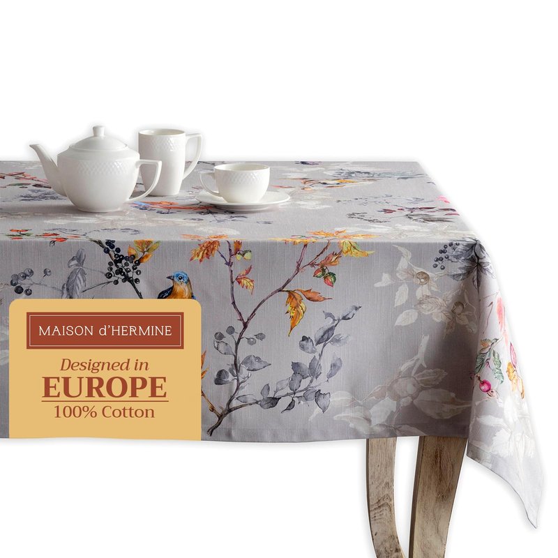 Maison d' Hermine Table Cloth Rectangle Table 100% Cotton 54 x 72 Inches Fall Tablecloth Reusable Everyday Use for Thanksgiving Christmas Decorations Dining Farmhouse Party (Equinoxe - Grey)
