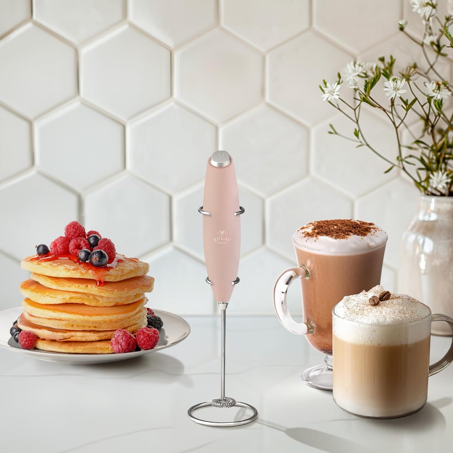 Zulay Kitchen Milk Frother Wand - Ultra-Fast Handheld Electric Whisk for Coffee & Lattes - Pink Salt