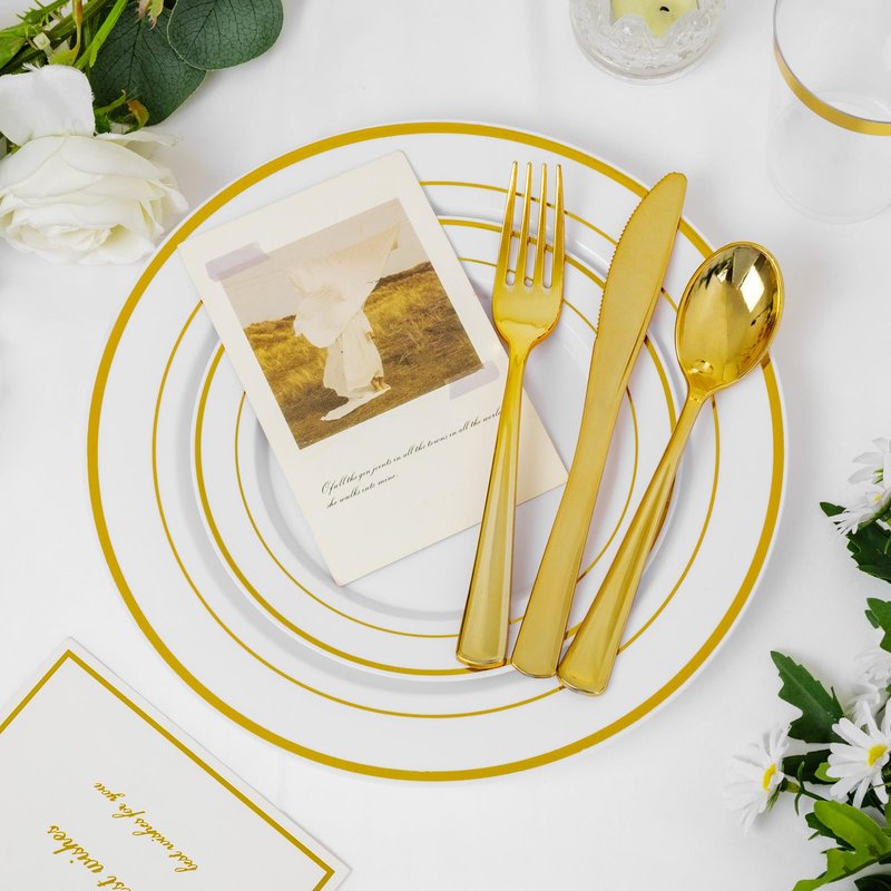 Supernal 400pcs Gold Glitter Plastic Dinnerware, Disposable Plates for Party Include 50 Gold Plastic Plate, 50pcs Dessert Plate 100 Glitter Forks, 50 Disposable Knives and Spoons, 50Cups and Napkins