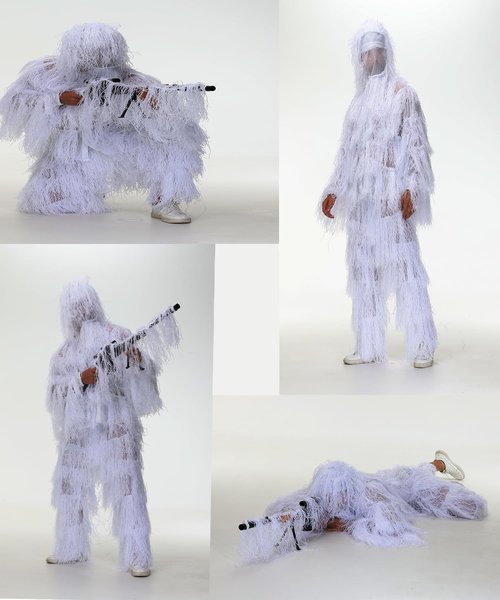 Alnintte 6 in 1 Ghillie Suit,3D Hunting Camouflage Halloween Scary Costume Including Jacket,Pants,Hood,Glove Suitable for Men Teens (White, M/L)