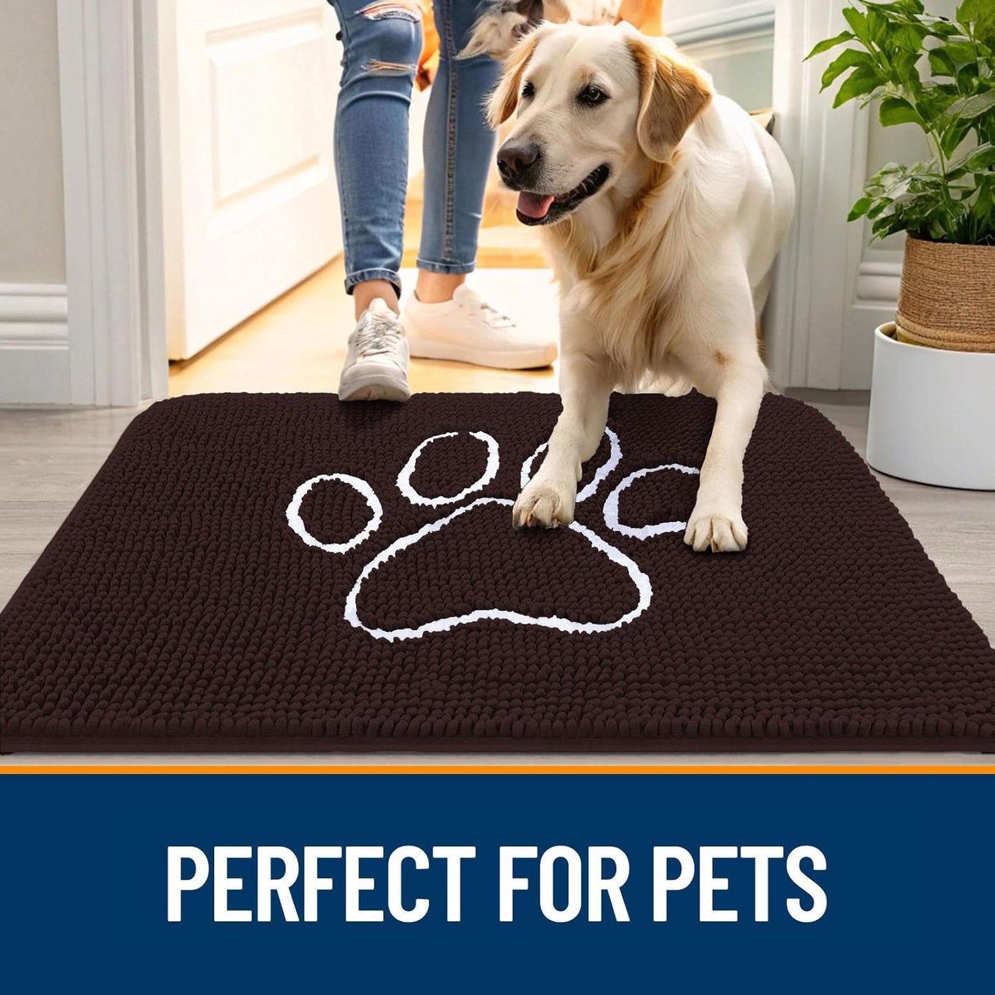 OLANLY Dog Door Mat - Absorbent Non-Slip Muddy Paws Mat | 44x32 Paw Print Design, Quick Dry Chenille, Brown
