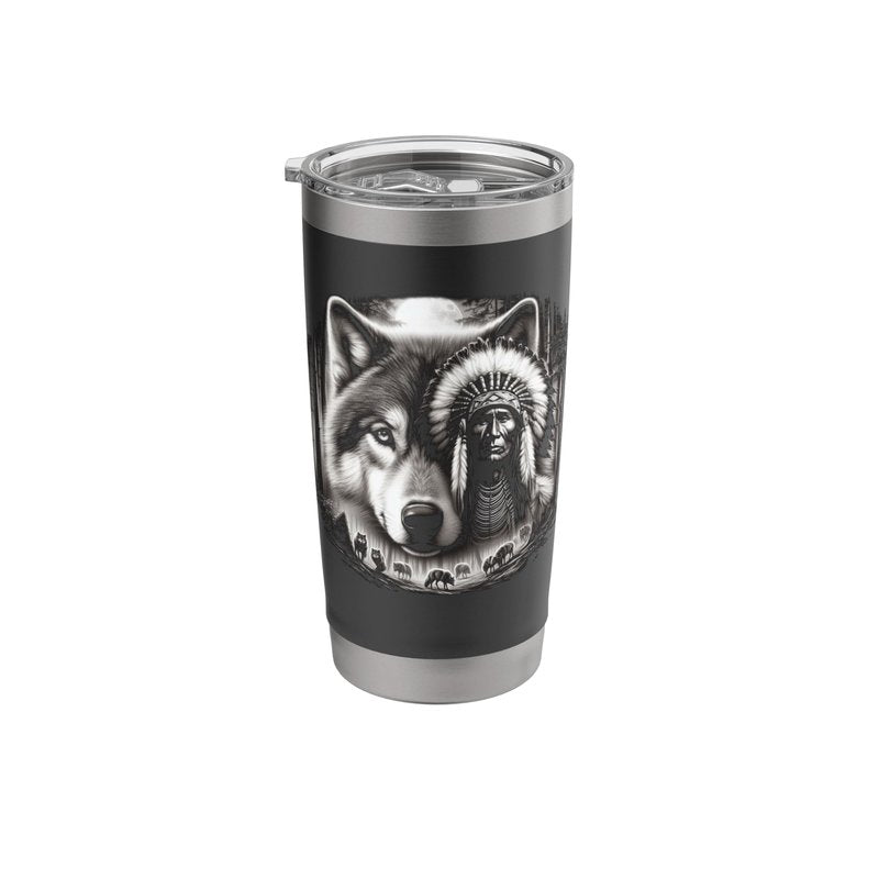 Native American Indian and Wolf Feathers Chief Art Stainless Steel Insulated Tumbler