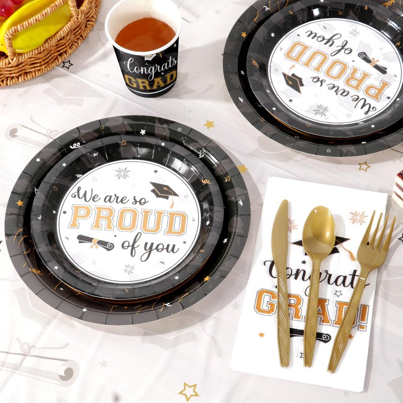 Graduation Party Supplies Congrats Grad Plates and Napkins Set Disposable Tableware Paper Plates Napkins Cup Knive Spoon Fork Straw for Class of 2026 Graduation Party Decorations Serve 100(Black Gold)