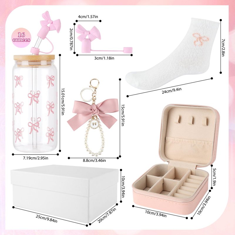 juciasouul 6 Pcs Pink Bow Gift Set, Coquette Stuff with 16oz Bow Glass Cup, Socks, Jewelry Box and Coquette Keychain, Coquette Gift Set for Woman, Pink Woman Presents for Girls Sister Friends