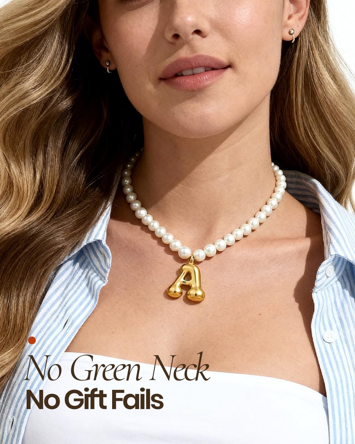 DoDoBeads Pearl Initial Necklace, 18K Gold Plated Stainless Steel Balloon Letter Pendant V, Non-Tarnish Waterproof Chunky Monogram Jewelry Gifts for Women Teens