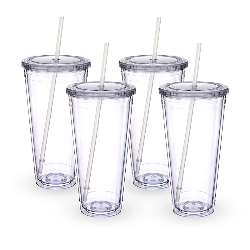 Luxfuel 32 oz Acrylic Tumblers with Lid & Straws, Double-Walled Insulated Clear Plastic Drink Cup, BPA-Free, Reusable Iced Coffee Cups for Parties, Birthdays, Graduation, Fits Car Cup Holders - 4 Pack