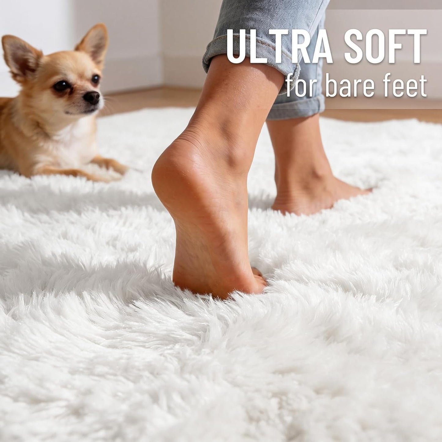 OLANLY Soft Fluffy Shaggy Area Rug - 4x5 Machine Washable Accent Rug for Bedroom & Living Room | White