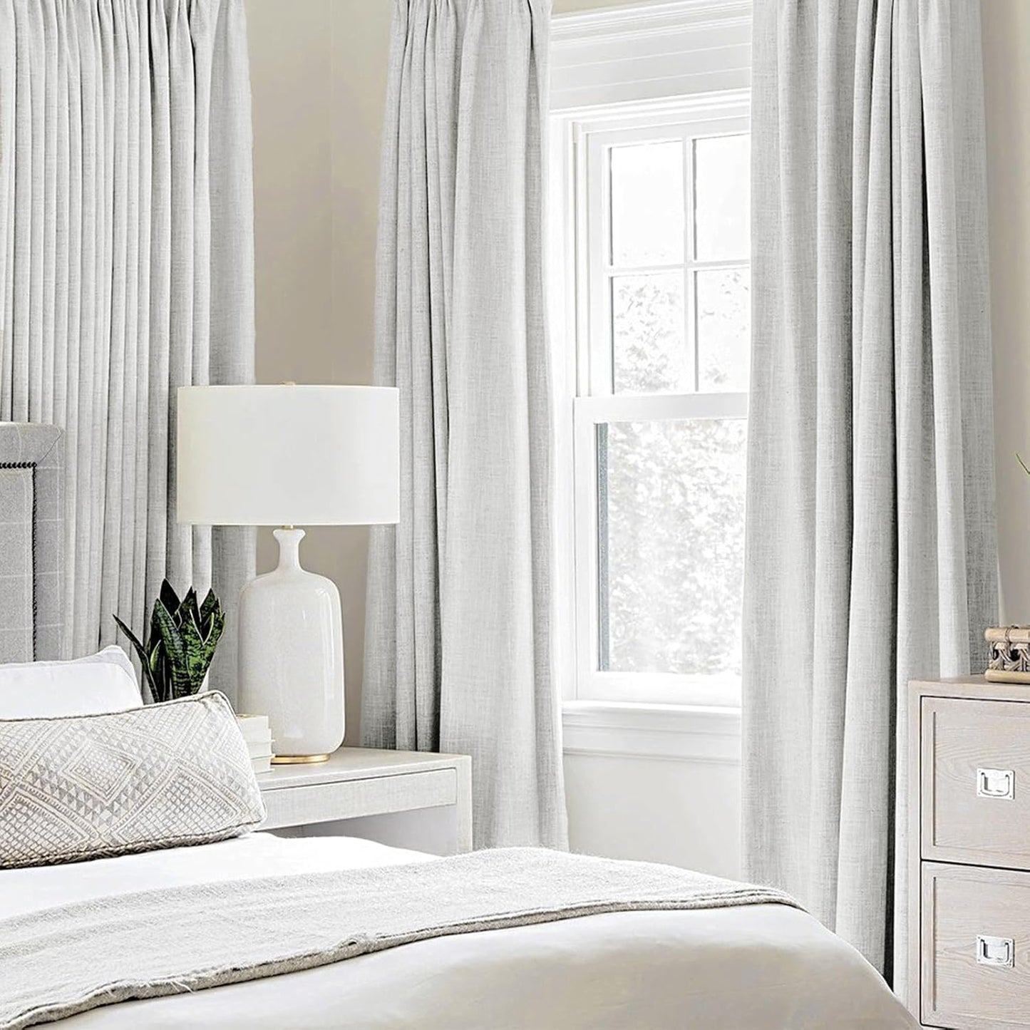 MIULEE 100% Blackout Linen Textured Curtains - Thermal Insulated Heathered White | 52 x 72 Inch (2 Panels)