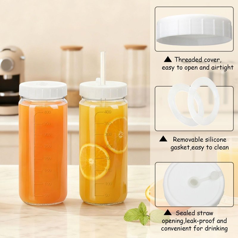 Ruckae 16oz 10 Pack Glass Juice Bottles with Dual Scale, Reusable Glass Bottles with Hole Lids and Straws Mason Jar for Juicing, Smoothies, Kombucha - Water Bottle for Fridge or Gym (Gold)