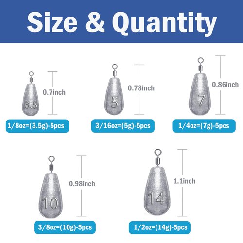 Fishing Weights Sinkers Kit 25pcs Bass Casting Weights Drop Shot Weights with Swivel for Freshwater Saltwater Catfish Weights