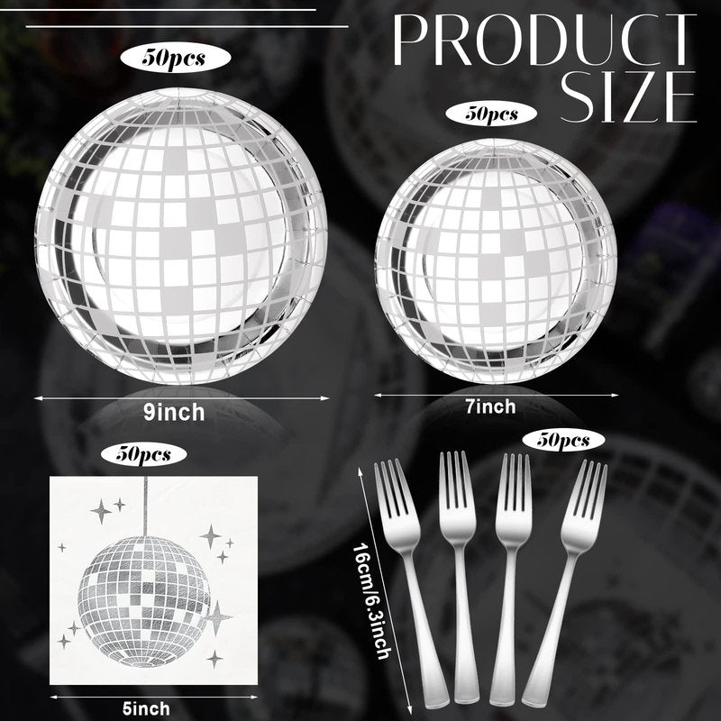Tanlade 200 Pcs Disco Ball Party Supplies Disco Plates and Napkins Silver Tableware Set for 70s 80s 90s Birthday Rock Roll Dance Music Party 50 Guests